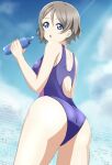  ass blue_eyes breasts brown_hair competition_swimsuit from_behind highleg highres looking_at_viewer love_live! love_live!_sunshine!! one-piece_swimsuit school_uniform short_hair simple_background swimsuit watanabe_you water wet zanpon 