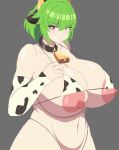  1girl absurdres animal_ears animal_print bell bikini breasts closed_mouth commentary cow_ears cow_girl cow_print cow_print_bikini cow_print_gloves elbow_gloves gloves green_hair grey_background highres huge_breasts kazami_yuuka mionely navel neck_bell nipples pixel_art print_bikini print_gloves red_eyes short_hair simple_background smile solo swimsuit touhou upper_body 