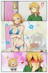  bikini blonde_hair blood blue_eyes blush bodily_fluids breasts cleavage clothed clothing comic delux elf fairy female gameplay_mechanics group hair humanoid humanoid_pointy_ears hylian light_body light_skin link male nintendo nosebleed not_furry open_mouth open_smile princess_zelda signature smile swimwear the_legend_of_zelda watermark 
