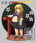  1girl alternate_body_size belly black_skirt blonde_hair blush_stickers breasts brown_shirt commentary_request cropped_shirt fat full_body green_eyes hair_ribbon medium_breasts mizuhashi_parsee navel nerizou pixel_art ponytail ribbon shirt skirt smile solo touhou underboob undersized_clothes wooden_floor 
