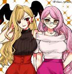  2girls asymmetrical_bangs bare_shoulders black_sweater blonde_hair breasts earrings facial_mark fate/grand_order fate_(series) glasses hair_over_one_eye highres horns izumi_minami jewelry koyanskaya_(fate) koyanskaya_(foreigner)_(first_ascension)_(fate) large_breasts long_hair looking_at_viewer multiple_girls necklace nero_claudius_(fate) open_mouth pink_hair pink_skirt pointy_ears queen_draco_(fate) queen_draco_(third_ascension)_(fate) red_eyes red_skirt shirt short_sleeves skirt sleeveless sleeveless_sweater sleeveless_turtleneck smile sweater tamamo_(fate) turtleneck white_shirt yellow_eyes 