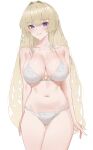  1girl absurdres alternate_costume ass_visible_through_thighs blonde_hair blue_eyes blush bra breasts cleavage commentary cowboy_shot crown_(nikke) english_commentary gnlibur goddess_of_victory:_nikke hair_intakes highres large_breasts long_hair looking_at_viewer navel o-ring o-ring_top panties parted_lips simple_background smile solo standing thigh_gap underwear underwear_only white_background white_bra white_panties 