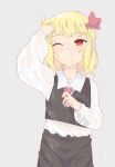  1girl ascot black_vest blonde_hair collar collared_shirt hand_in_own_hair hand_up light_blush looking_up medium_hair one_eye_closed rain red_ascot red_eyes red_ribbon ribbon rumia see-through see-through_shirt see-through_sleeves shamo_(koumakantv) shirt touhou vest wet wet_clothes wet_shirt white_collar white_shirt 
