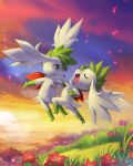  closed_eyes falling_petals flower flying grass green_eyes green_fur highres koriarredondo looking_at_another no_humans open_mouth outdoors petals pokemon pokemon_(creature) purple_flower red_flower red_petals shaymin shaymin_(sky) smile sunset two-tone_fur white_fur 
