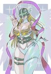  1girl angel_wings angewomon asymmetrical_clothes bare_shoulders belt black_belt blonde_hair bodysuit boobplate breasts cleavage clothing_cutout commentary covered_eyes cowboy_shot digimon digimon_(creature) elbow_gloves feathered_wings gloves hagoromo hand_on_own_hip hand_up helmet helmet_over_eyes highres large_breasts long_hair mas_square multiple_wings navel navel_cutout notice_lines o-ring o-ring_belt parted_lips revealing_clothes shawl single_elbow_glove skindentation smile solo standing thigh_belt thigh_strap waving white_bodysuit white_gloves winged_helmet wings wrist_wings 