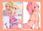  3girls :d ahoge backbone bikini bob_cut collage eyebrows_visible_through_hair framed goshiki_suzu highres idolmaster idolmaster_cinderella_girls jougasaki_mika looking_at_viewer looking_back multiple_girls ohtsuki_yui ponytail shoulder_blades sidelocks sideways_glance simple_background sketch smile striped striped_bikini swimsuit yumemi_riamu 