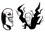  angry balding black_clothing black_hair black_necktie black_suit chad_(meme) clothing creepypasta duo faceless_character glistening glistening_head grin gums hair human humanoid humor jeff_the_killer male mammal meme monochrome monster nanodude78 necktie simple_background slenderman smile suit tentacles toothy_grin white_background yelling 