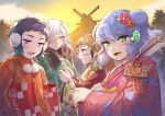  4boys amefuri_(muen_kai) arinoto_watari blue_hair earmuffs ema highres hitotsuana_torino japanese_clothes kikunomon_tsubomi kimono magatama magatama_hair_ornament multiple_boys new_year original otoko_no_ko tamabukuro_yutaka white_hair 