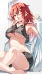  1girl absurdres ahoge bare_legs bare_shoulders blush breasts crop_top eris_greyrat hair_between_eyes highres large_breasts long_hair messy_hair mushoku_tensei open_mouth red_eyes red_hair saico_isshin shorts solo squeans stretching underboob waking_up yawning 