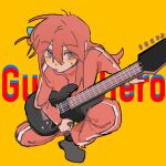  1girl blue_eyes bocchi_the_rock! closed_mouth cube_hair_ornament electric_guitar english_text full_body gotoh_hitori guitar hair_ornament holding holding_guitar holding_instrument instrument jacket lingyi long_hair long_sleeves looking_at_viewer pants pink_hair pink_jacket pink_pants simple_background solo squatting sweatdrop track_jacket track_pants yellow_background 