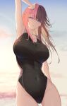  1girl absurdres armpits black_one-piece_swimsuit blue_eyes blue_sky braid breasts brown_hair clothes_writing cloud commentary copyright_name covered_navel day french_braid hand_on_own_head haru_(haru83380282) highleg highres large_breasts long_hair looking_at_viewer multicolored_hair one-piece_swimsuit outdoors parted_lips pink_hair skin_tight sky solo split-color_hair sun swimsuit symbol-only_commentary tachibana_hinano_(vtuber) two-tone_hair virtual_youtuber vspo! wind 