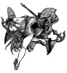  1girl ass bare_shoulders bent_over breasts detached_sleeves dragon&#039;s_crown dress greyscale hat holding holding_wand kahadu_(kawazu) large_breasts long_hair looking_at_viewer looking_back monochrome simple_background solo sorceress_(dragon&#039;s_crown) wand witch witch_hat 