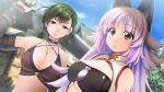 2girls animal_ears atelier-moo bare_shoulders bikini breasts brown_eyes closed_mouth collar collarbone detached_sleeves green_hair grey_eyes hair_between_eyes highres holding holding_sword holding_weapon jewelry large_breasts long_hair long_sideburns mana_(our_battle_has_just_begun!) multiple_girls necklace our_battle_has_just_begun! short_hair sideburns smile standing surprised swimsuit sword taylor_(our_battle_has_just_begun!) town upper_body weapon wide-eyed wolf_ears wolf_girl 