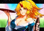  1girl :d bangs blonde_hair bottle breasts cleavage cup eyebrows_visible_through_hair fang highres holding holding_bottle holding_cup horns hoshiguma_yuugi hoshiguma_yuugi_(promo) large_breasts long_hair long_sleeves looking_at_viewer off_shoulder official_alternate_costume oni_horns open_mouth ponytail qqqrinkappp red_horns sakazuki single_horn skin_fang smile solo star_(symbol) star_print touhou traditional_media upper_body yellow_eyes 