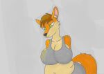 absurd_res anthro athletic_wear belly big_belly big_breasts big_butt bottomwear bra breasts brown_hair butt canid canine cheek_tuft cleavage clothed clothing collarbone digital_media_(artwork) facial_tuft female fox fur green_eyes gym_bottomwear gym_shorts hair hands_behind_back hi_res huge_breasts inner_ear_fluff kinsley kokopingas98 looking_down love_handles mammal orange_body orange_fur overweight overweight_anthro overweight_female red_fox shorts simple_background slightly_chubby slightly_chubby_anthro slightly_chubby_female smile solo sports_bra tail tan_body tan_fur true_fox tuft underwear wide_hips