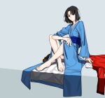  1girl arm_support bare_legs barefoot black_eyes black_hair blue_kimono boots brown_footwear closed_mouth collarbone commentary_request crossed_legs feet full_body grey_background jacket japanese_clothes kara_no_kyoukai kimono legs long_sleeves looking_at_viewer medium_hair obi partially_undressed ryougi_shiki sash short_hair simple_background sitting soles solo toenails toes trick1601 unworn_boots unworn_jacket wide_sleeves 