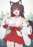  1girl :d absurdres animal_ears bare_shoulders blurry blurry_background blush breasts brown_hair detached_sleeves fox_ears fox_girl fox_shadow_puppet fox_tail hakama highres hinata_(user_rjkt4745) japanese_clothes large_breasts looking_at_viewer medium_hair miko open_mouth original red_eyes red_hakama smile standing tail thighhighs thighs white_thighhighs 