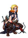  1girl arrow_(projectile) blonde_hair blue_eyes boots breasts brown_footwear closed_mouth covered_nipples crossbow dagger elf full_body holding holding_crossbow holding_weapon knife lewdanon looking_at_viewer medium_breasts medium_hair navel pointy_ears potion quiver sheath sheathed simple_background solo squatting stomach thigh_boots trigger_discipline warhammer_fantasy weapon white_background 