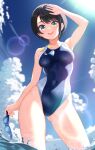  1girl absurdres black_hair black_one-piece_swimsuit blue_eyes blue_sky cloud competition_swimsuit covered_navel curio_(curiofinity) day goggles highres hololive lens_flare looking_at_viewer one-piece_swimsuit oozora_subaru open_mouth outdoors round_teeth short_hair sky solo swept_bangs swimsuit teeth two-tone_swimsuit unworn_goggles upper_teeth_only virtual_youtuber wading water 