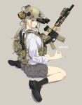  1girl absurdres aqua_nails ar-15 assault_rifle black_footwear black_socks blonde_hair bulletproof_vest collared_shirt ear_piercing full_body grey_background grey_shirt gun hashtag-only_commentary helmet highres holding holding_gun holding_weapon long_hair looking_at_viewer night_vision_device original parted_lips piercing pleated_skirt purple_eyes rifle scope shirt shoes simple_background sitting skirt smile sneakers socks solo soutou_nagi twitter_username wariza weapon white_shirt 