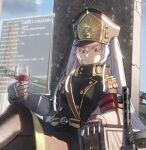  1girl alcohol altair_(re:creators) belt black_thighhighs blue_sky buttons chinese_commentary circuit_board_print clothing_request coat commentary_request crossed_legs cup drinking_glass eyelashes gauntlets gold_trim gun hair_between_eyes hat highres holographic_interface long_hair looking_at_viewer looking_down military_uniform pillar ppsh-41 re:creators red_eyes red_wine shako_cap sitting sitting_on_throne sky solo submachine_gun thighhighs throne uniform user_jsru8742 very_long_hair weapon white_hair wine wine_glass 
