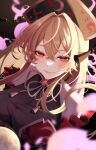  1girl absurdres adapted_costume black_dress black_hat blush breasts closed_mouth dress hair_between_eyes hat highres junko_(touhou) large_breasts long_hair looking_at_viewer maka_(user_rryf2748) orange_hair phoenix_crown red_eyes smile solo touhou upper_body 