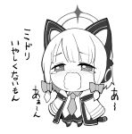  1girl animal_ear_headphones animal_ears blue_archive blush cat_ear_headphones chibi coat commentary fake_animal_ears gale_kawaii halo hashtag-only_commentary headphones midori_(blue_archive) necktie pleated_skirt skirt solo tail tearing_up tears translation_request wavy_mouth 