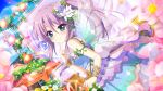  1girl aqua_eyes back_bow blue_dress blue_flower blue_rose blue_sky blurry blurry_foreground blush bow breasts bush cart closed_mouth day dot_nose dress dutch_angle fairy_wings film_grain finger_to_own_chin flower from_side game_cg hair_flower hair_ornament high_ponytail ivy izumi_tsubasu large_bow lens_flare long_hair looking_at_viewer non-web_source official_art outdoors pink_flower purple_hair re:stage! red_flower rose screen sidelocks sky small_breasts smile solo sparkle stage stage_lights transparent_wings tsukisaka_sayu white_bow white_flower white_rose wings wristlet yellow_flower 