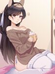  1girl absurdres alternate_costume animal_ears atago_(azur_lane) azur_lane bare_shoulders breasts brown_hair brown_sweater casual cleavage cup hair_ribbon highres holding holding_cup indoors large_breasts lisa_(faeuna) long_hair looking_at_viewer mole mole_under_eye off-shoulder_sweater off_shoulder panties ribbon side-tie_panties sitting solo star_(symbol) sweater thighhighs tongue tongue_out underwear wariza white_legwear white_panties white_ribbon yellow_eyes 