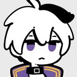  1girl :&lt; ahoge androgynous closed_mouth collar expressionless flat_color flower_(vocaloid) flower_(vocaloid4) high_collar inemuri_(jdq5e) looking_at_viewer multicolored_hair no_sclera portrait purple_eyes short_hair simple_background solo streaked_hair thick_outlines vocaloid white_background 
