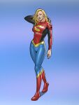  1girl absurdres blonde_hair bodysuit dc_comics full_body gradient_background hand_in_own_hair highres invictarex long_hair multicolored_bodysuit multicolored_clothes solo supergirl superman_(series) superman_logo 