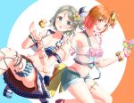  2girls bare_shoulders bikini blue_eyes blush breasts cleavage highres looking_at_viewer love_live! love_live!_school_idol_festival_all_stars love_live!_sunshine!! multiple_girls official_alternate_costume open_mouth short_hair shorts simple_background skirt swimsuit takami_chika thighs toine watanabe_you 