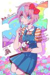  2girls animal-themed_food arrow_(symbol) artist_request bad_id bad_pinterest_id bare_arms blue_dress blue_eyes blue_sky blush_stickers bow brown_hair cloud collared_shirt cupcake dated denim_dress doki_doki_literature_club dress eating eyelashes field flower flower_field food fork full_body green_eyes hair_between_eyes hair_bow head_only high_ponytail highres holding holding_fork holding_plate kneeling knees long_hair looking_at_viewer medium_dress monika_(doki_doki_literature_club) mountain multiple_girls open_mouth orange_shirt pink_hair plate pleated_dress red_bow sayori_(doki_doki_literature_club) shirt short_hair short_sleeves sky sleeveless sleeveless_dress smile solo_focus source_request sparkle striped_clothes striped_shirt third-party_source translation_request twitter_username two-tone_shirt utensil_in_mouth white_bow white_shirt 