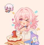  1girl black_choker blue_eyes blue_jacket bra_strap breasts buttons cake chibi chibi_inset choker collarbone commentary earrings flower_ornament food gradient_jacket highres holding holding_cake holding_food honkai:_star_rail honkai:_star_rail_sticker_redraw_(meme) honkai_(series) jacket jewelry long_sleeves march_7th_(honkai:_star_rail) march_7th_(preservation)_(honkai:_star_rail) medium_breasts medium_hair meme miiho official_art_inset one_eye_closed open_mouth pink_eyes pink_hair pink_jacket pink_pupils shirt simple_background single_earring smile solo underbust upper_body white_shirt 
