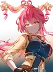  1girl black_gloves breasts eiyuu_densetsu gloves gradient_background hair_between_eyes hand_on_own_hip heart_ribbon highres large_breasts long_hair looking_at_viewer partially_shaded_face pink_hair portrait ribbon sara_valestein sen_no_kiseki sen_no_kiseki_iii shaded_face simple_background sleeve_rolled_up smile solo star_(symbol) upper_body willfin yellow_eyes 
