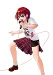  1girl black_shorts blue_eyes brown_footwear clothes_writing collarbone commentary girls_band_cry hair_between_eyes half-skirt highres holding holding_microphone iseri_nina low_twintails microphone nebula807 open_mouth plaid plaid_skirt pleated_skirt red_hair red_skirt shirt short_hair short_sleeves short_twintails shorts shorts_under_skirt simple_background skirt socks solo translated twintails white_background white_shirt white_socks 
