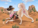  anatomically_correct anatomically_correct_genitalia anatomically_correct_pussy animal_genitalia animal_pussy ass_up butt cactus canid canine canine_genitalia canine_pussy canis clothed clothed_feral clothing collaboration cowboy cowboy_hat desert detailed_background domestic_dog female feral genitals gun hakudoge handgun hat headgear headwear hi_res kerchief mammal neckerchief panama_(hakudoge) pistol plant presenting presenting_hindquarters pussy queenkoko ranged_weapon shiba_inu solo spitz tongue tongue_out topwear vest weapon wild_west 