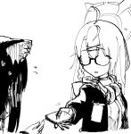  2girls animal_ears blue_archive cat_ears cellphone commentary flying_sweatdrops giving glasses greyscale halo headphones headphones_around_neck holding holding_phone kazusa_(blue_archive) kotama_(blue_archive) monochrome multiple_girls opaque_glasses phone shitsugaikotsu simple_background sketch smartphone solo_focus sweatdrop 