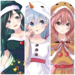  3girls :p amagami-san_chi_no_enmusubi amagami_asahi amagami_yae amagami_yuna animal_costume belt blue_eyes blush border breasts brown_eyes brown_hair christmas christmas_tree_print cleavage closed_mouth collarbone commentary_request dress green_eyes green_hair green_santa_costume hand_on_own_cheek hand_on_own_face head_tilt highres hood hood_up large_breasts lineup long_hair looking_at_viewer marcey medium_hair multiple_girls neck_ribbon open_mouth red_belt reindeer_costume ribbon santa_costume santa_dress second-party_source siblings sisters small_breasts smile snowman_costume straight_hair tongue tongue_out upper_body white_border white_hair 