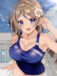  arim_2116m blue_eyes blush breasts brown_hair cleavage competition_swimsuit highres large_breasts looking_at_viewer love_live! love_live!_sunshine!! one-piece_swimsuit original pool school_swimsuit short_hair swimsuit watanabe_you water wet 