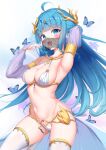  1girl :d absurdres ahoge arm_up blue_eyes blue_hair breasts bridal_gauntlets bug butterfly circlet dancer detached_sleeves fang highres indie_virtual_youtuber long_hair looking_at_viewer medium_breasts merak_(vtuber) mouth_veil navel see-through see-through_sleeves skin_fang smile solo thighhighs treble_clef veil virtual_youtuber waist_cape white_clover_(unfy8472) 