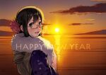  black_hair blue_eyes blue_kimono commentary_request fur-trimmed_kimono fur_trim horizon japanese_clothes kantai_collection kimono long_hair looking_at_viewer looking_back nikuoji ocean ooyodo_(kancolle) semi-rimless_eyewear sunrise tied_hair under-rim_eyewear upper_body 