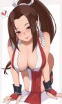 1girl all_fours breasts brown_eyes brown_hair come_hither fatal_fury hanging_breasts heart highres leaning_forward long_hair looking_at_viewer shiranui_mai teasing the_king_of_fighters wabimochi white_background 