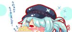  &gt;_&lt; 1girl absurdres blue_archive blue_hair blue_hat blush_stickers cabbie_hat chibi closed_eyes eating hair_ornament hair_over_one_eye hairclip halo hat highres hiyori_(blue_archive) holding holding_spoon kurukurumagical open_mouth side_ponytail simple_background solo spoon tears translation_request white_background 