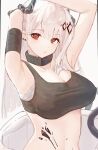 1girl arknights armpits arms_up bandaged_arm bandages black_tank_top breasts cleavage demon_girl demon_horns hair_ornament highres horns infection_monitor_(arknights) large_breasts long_hair looking_at_viewer material_growth mgmg_cc211 midriff mudrock_(arknights) oripathy_lesion_(arknights) red_eyes simple_background solo tank_top white_background white_hair 