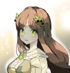  1girl black_survival blush brown_hair dress eternal_return:_black_survival green_dress green_eyes gweon_sua hair_ornament leaf_hair_ornament long_hair looking_at_viewer solo upper_body user_ngnc3324 