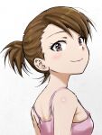  1girl absurdres bare_shoulders blush breasts brown_eyes brown_hair closed_mouth from_side futami_ami highres idolmaster idolmaster_(classic) idolmaster_million_live! idolmaster_million_live!_theater_days looking_at_viewer matcha_kingyo pink_shirt shirt short_hair side_ponytail simple_background sleeveless sleeveless_shirt small_breasts smile solo upper_body white_background 
