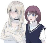  2girls black_choker black_sweater_vest blue_eyes blush choker closed_mouth commentary_request crossed_arms dol_ce_hmhn girls_band_cry grey_eyes highres iseri_nina kawaragi_momoka light_brown_hair long_hair long_sleeves looking_at_another multicolored_hair multiple_girls open_mouth red_hair roots_(hair) shirt short_sleeves short_twintails simple_background smile sweater_vest twintails upper_body white_background white_shirt 