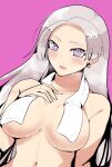  1girl absurdres artist_request breasts chris_lightfellow earrings gensou_suikoden gensou_suikoden_iii highres jewelry large_breasts long_hair looking_at_viewer open_mouth purple_background purple_eyes simple_background solo towel wet white_hair 