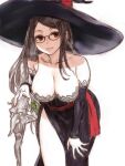  1girl bare_shoulders black_dress breasts brown_hair character_request check_character check_copyright cleavage copyright_request dragon&#039;s_crown dress glasses hat holding holding_staff kahadu_(kawazu) large_breasts leaning_forward long_hair looking_at_viewer parted_lips red_eyes simple_background smile solo sorceress_(dragon&#039;s_crown) staff white_background witch_hat 